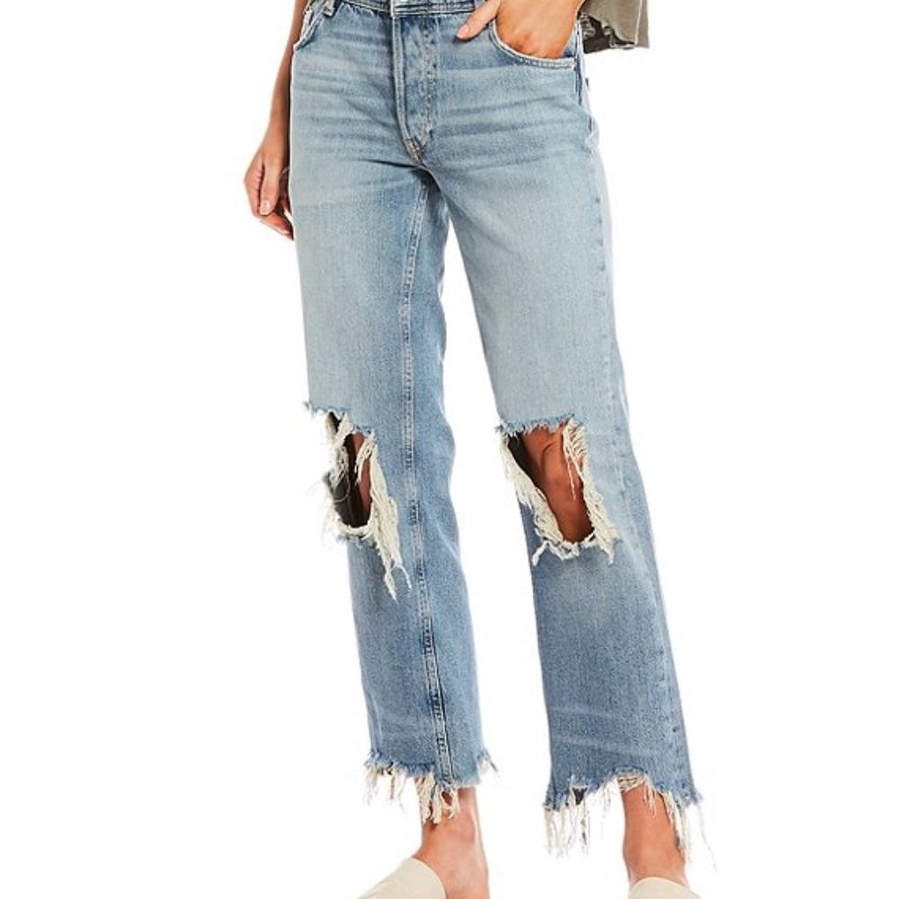 Free People Light Wash Distressed Straight Leg Jeans